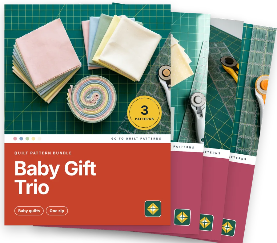 Baby Gift Trio bundle cover with the covers of its three patterns behind it