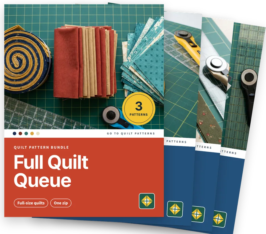 Full Quilt Queue bundle cover with the covers of its three patterns behind it
