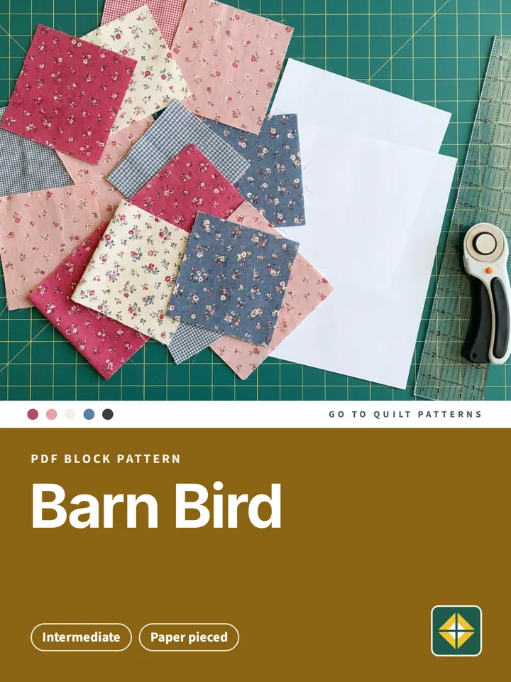 Barn Bird Block pattern cover: photo of fabric scraps for paper piecing on a cutting mat