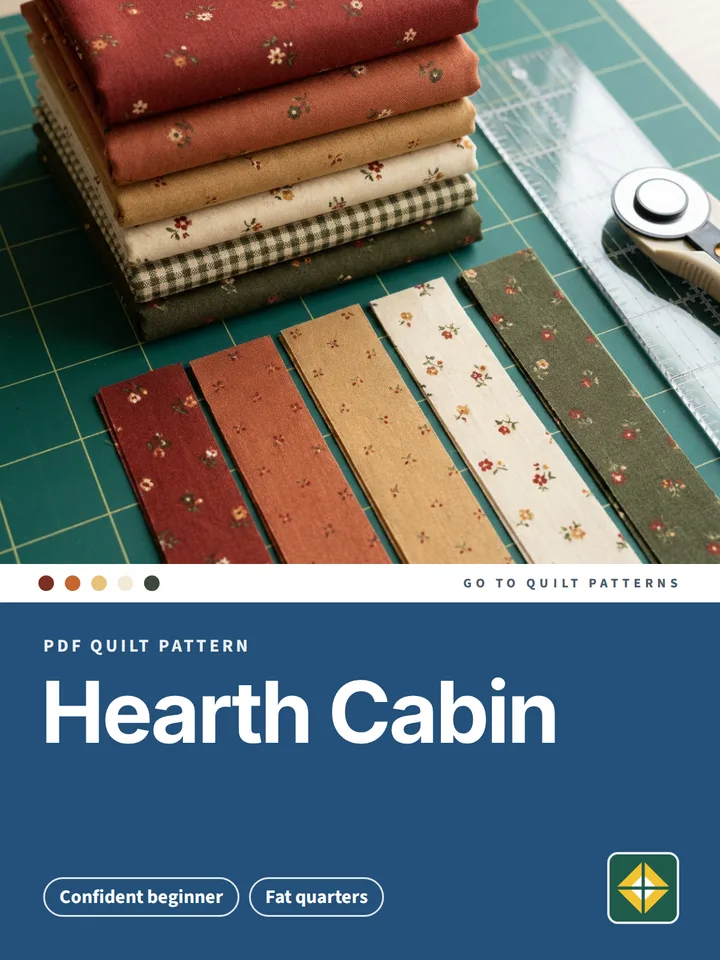 Hearth Cabin Quilt pattern cover: photo of fat quarters on a cutting mat