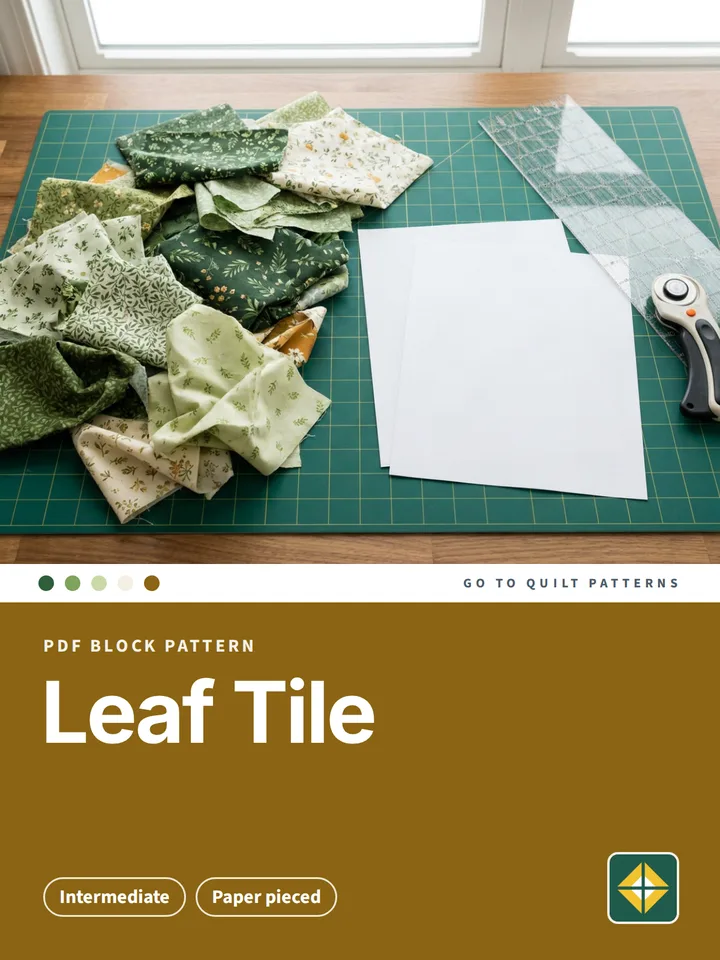 Leaf Tile Block pattern cover: photo of fabric scraps for paper piecing on a cutting mat