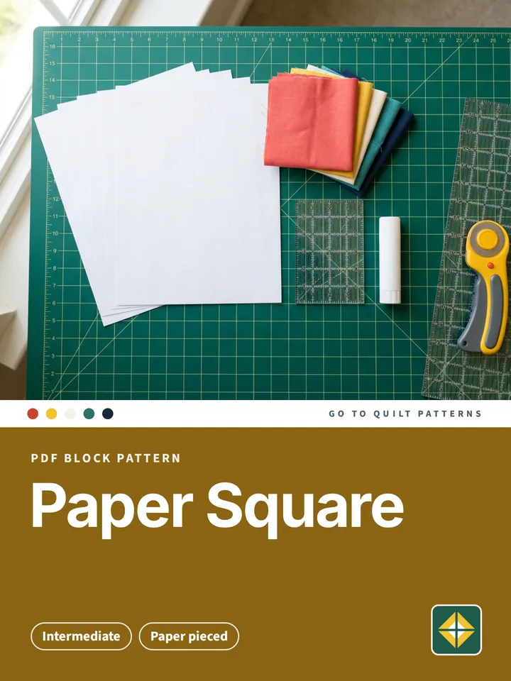 Paper Square Block pattern cover: photo of fabric scraps for paper piecing on a cutting mat