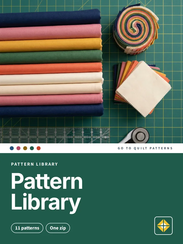 Pattern Library pattern cover: photo of stacked quilting fabrics on a cutting mat