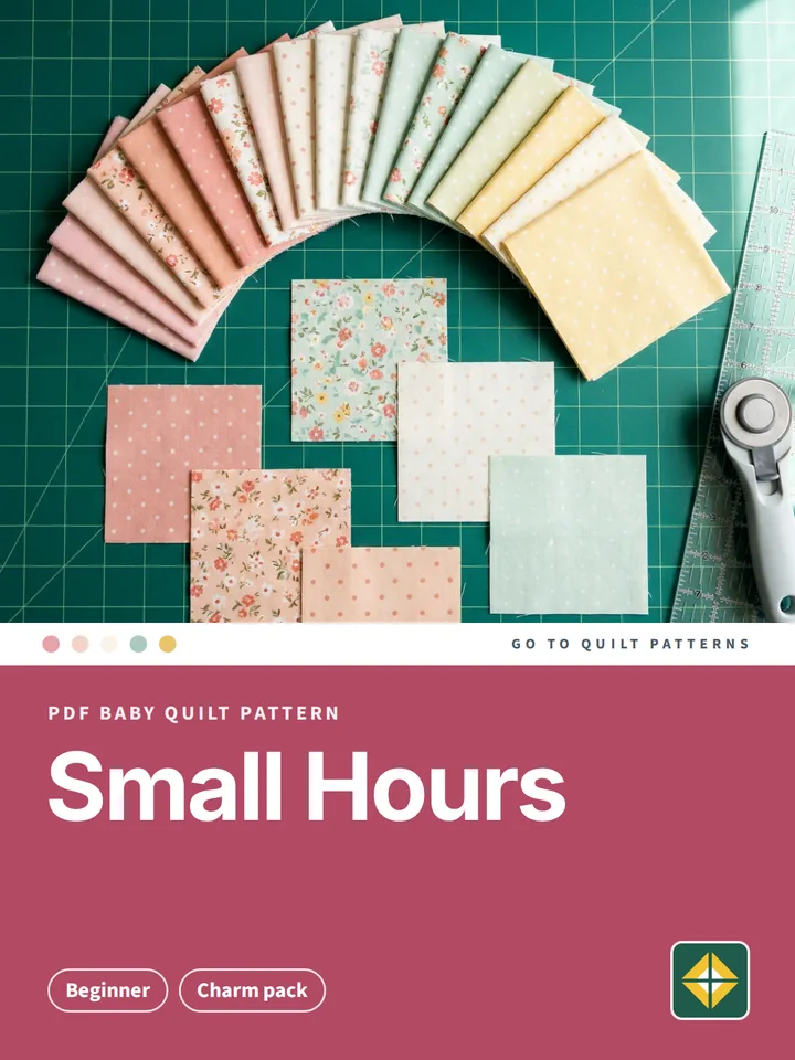 Small Hours Quilt pattern cover: photo of charm pack on a cutting mat