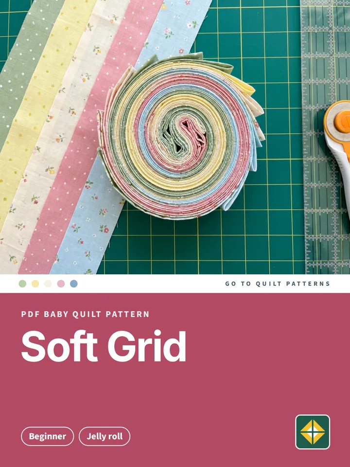 Soft Grid Quilt pattern cover: photo of jelly roll on a cutting mat