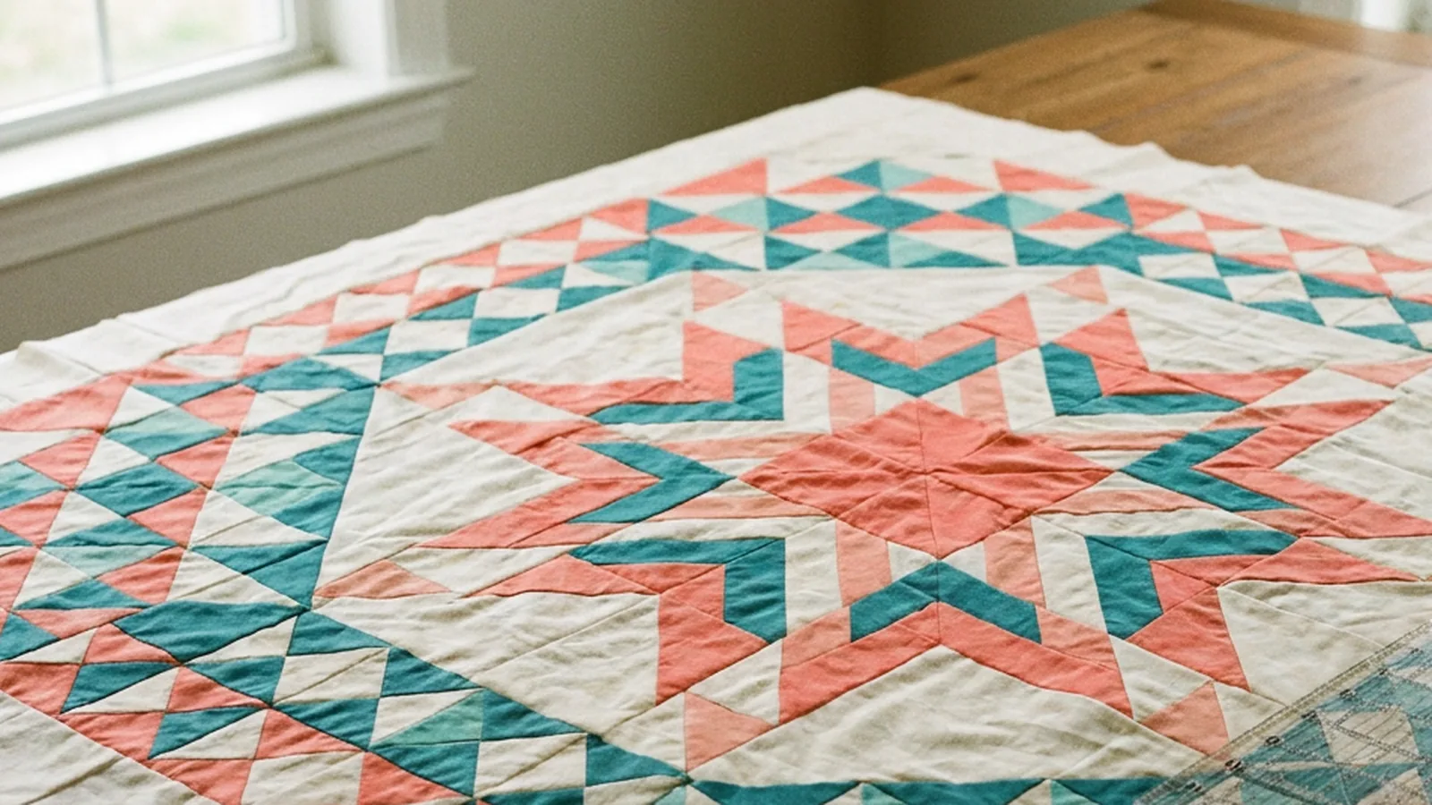 Illustrative generated image of a coral and teal star medallion quilt top on a wooden table.