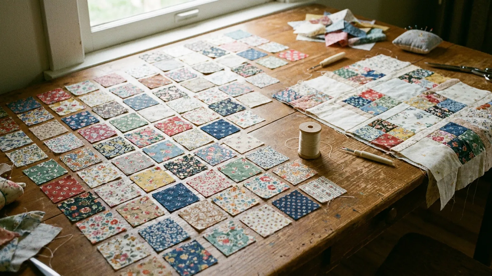 Illustrative generated image of many small floral cotton squares laid beside a patchwork quilt top in progress on a wooden table.