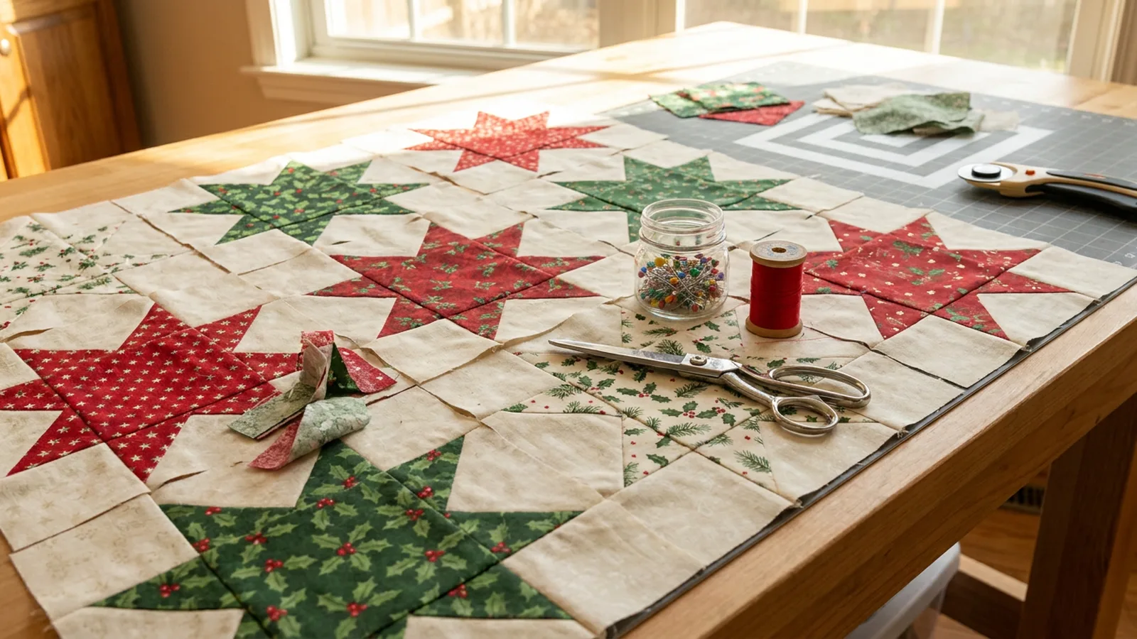 Illustrative generated image of a red and green star quilt top in progress on a cutting table, with scissors and thread.