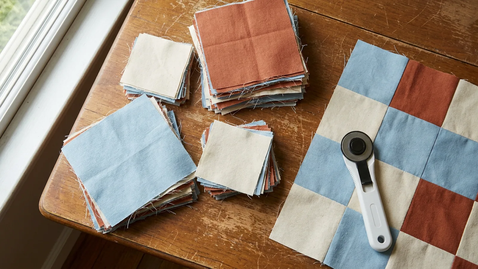 Illustrative generated image of cotton squares, a rotary cutter, and a square patchwork top on a table.