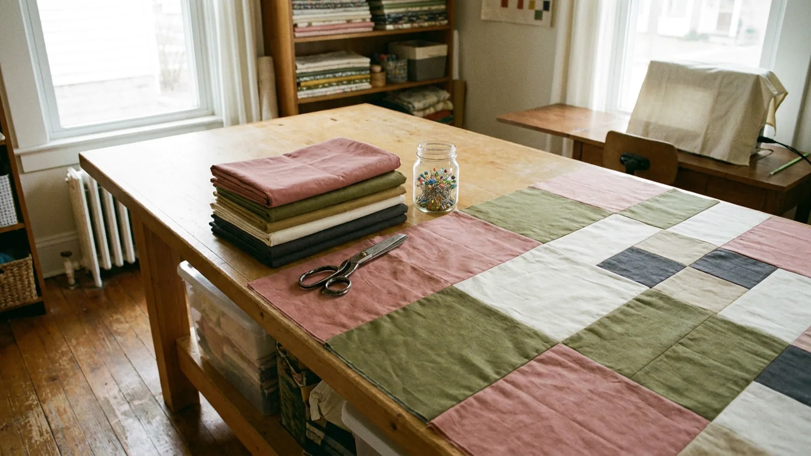 Illustrative generated image of folded cotton rectangles, scissors, and a patchwork quilt top in progress on a wooden table.