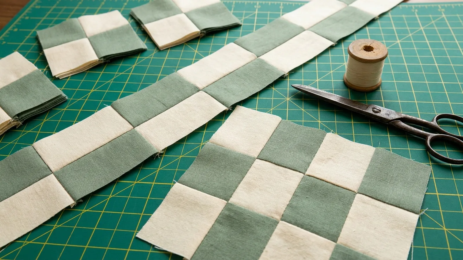 Illustrative generated image of sage and cream four-patch blocks and a chain-pieced strip set on a cutting mat, with scissors and a spool.