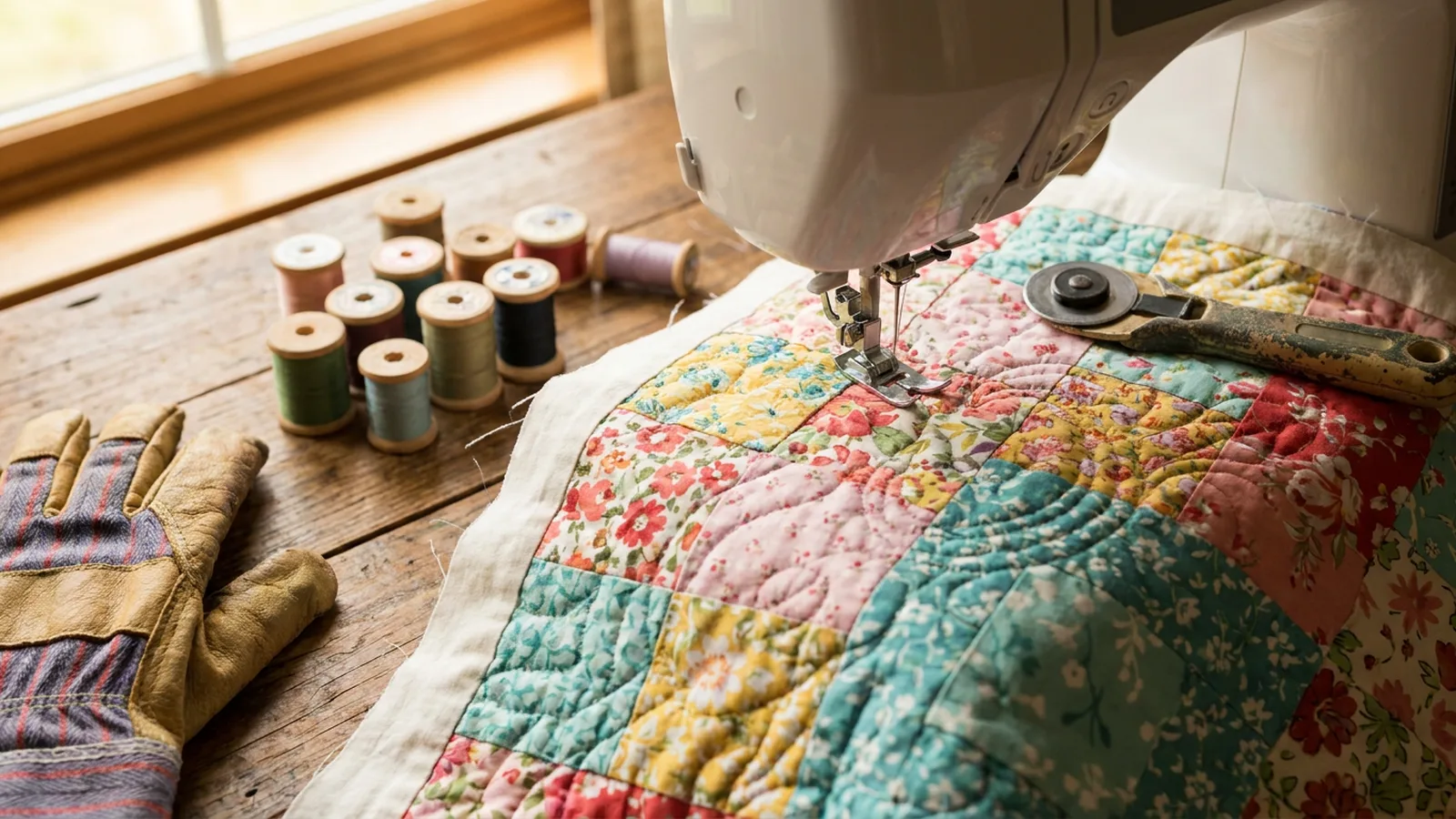 Illustrative generated image of a sewing machine stitching a floral patchwork quilt, with thread spools and a glove on the table.