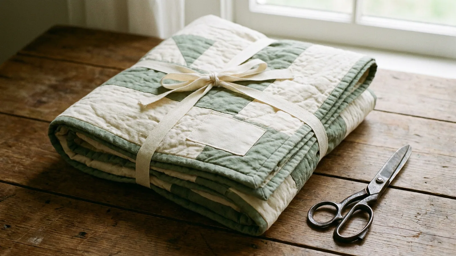 Illustrative generated image of a folded cream and sage quilt tied with a cotton ribbon on a wooden table, with scissors beside it.