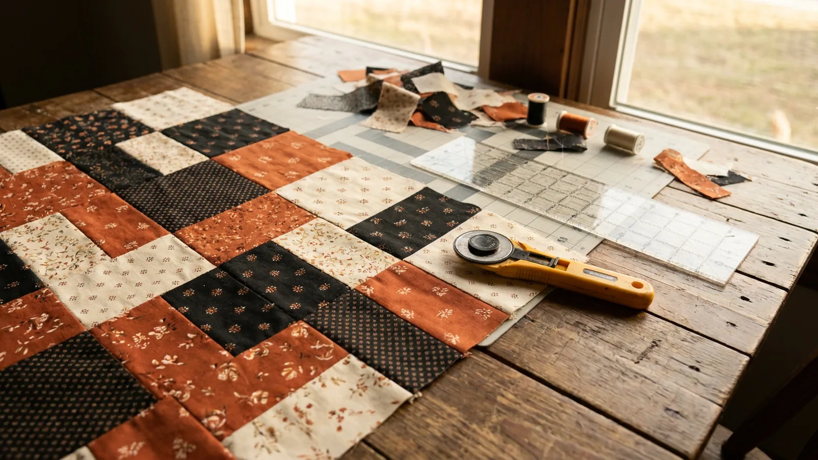 Illustrative generated image of an orange, black, and cream patchwork quilt top in progress on a wooden table, with a rotary cutter and ruler.