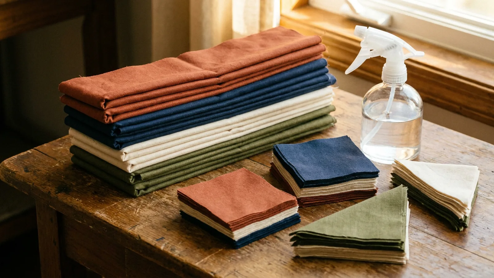 Illustrative generated image of folded cotton strip sets and cut squares on a wooden table beside an unlabeled spray bottle. Not a photograph of a finished quilt.