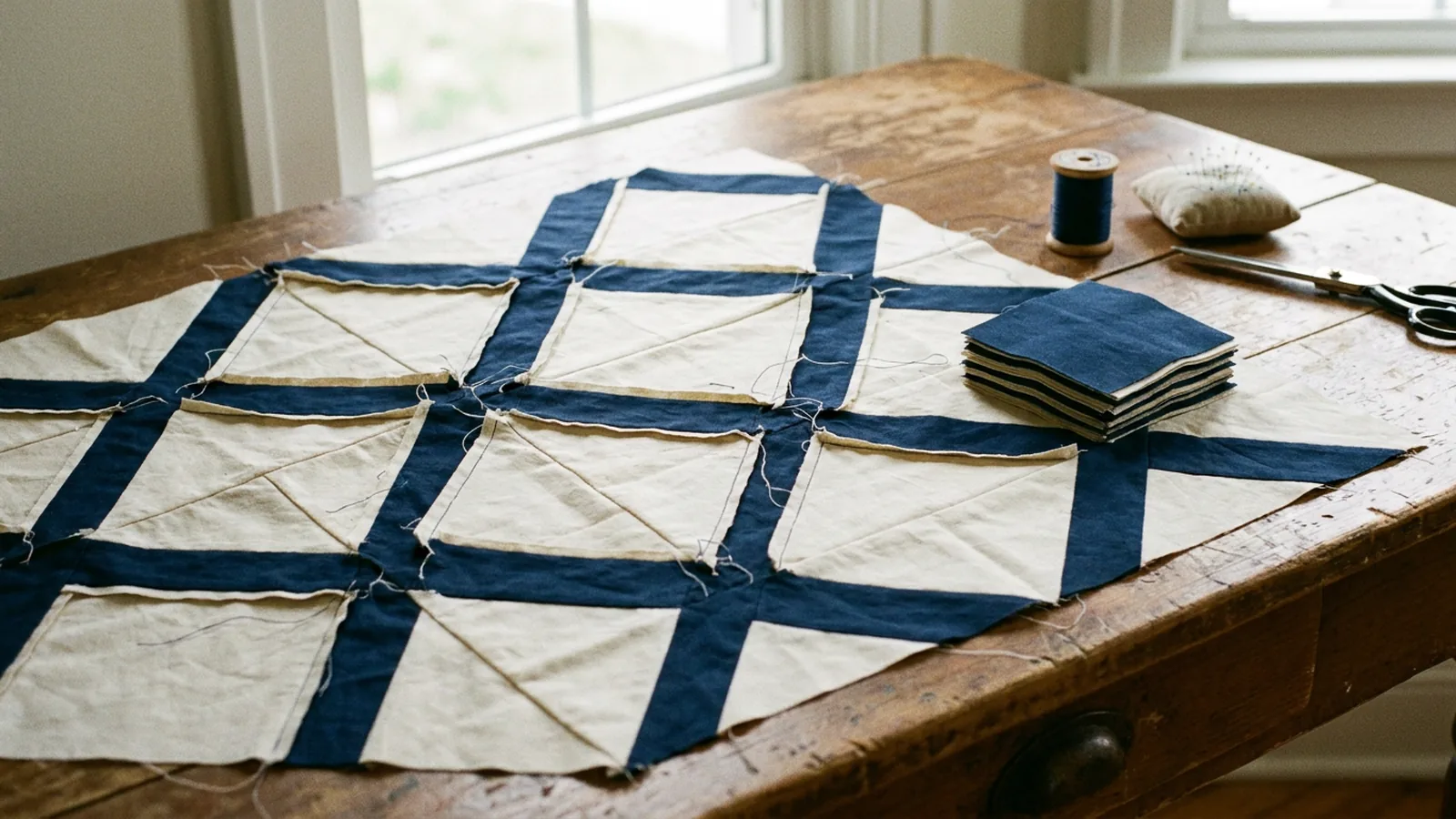 Illustrative generated image of a navy and cream chain quilt top in progress on a wooden table.