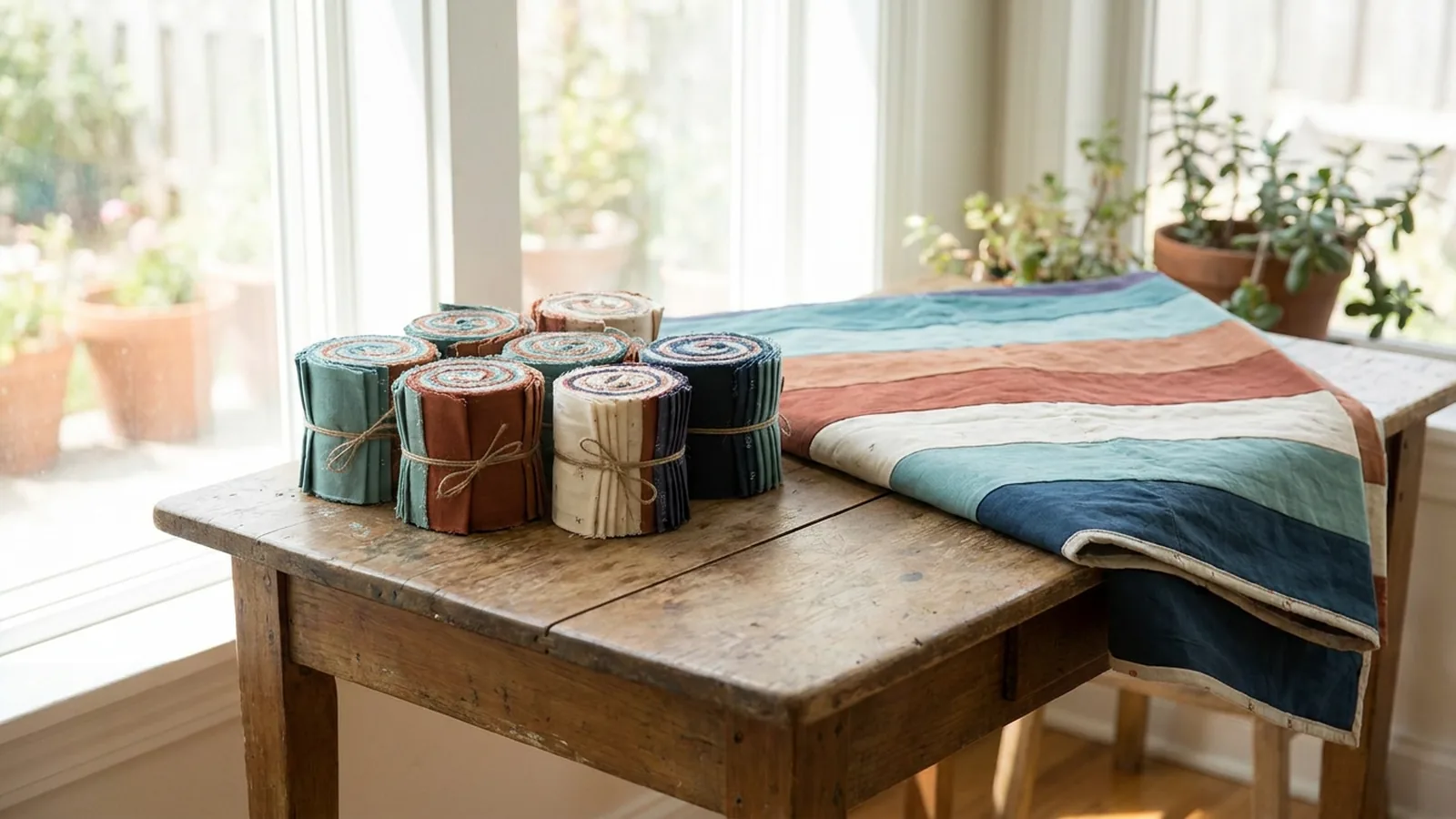 Illustrative generated image of tied rolls of narrow cotton strips beside a folded strip quilt on a wooden table by a window.