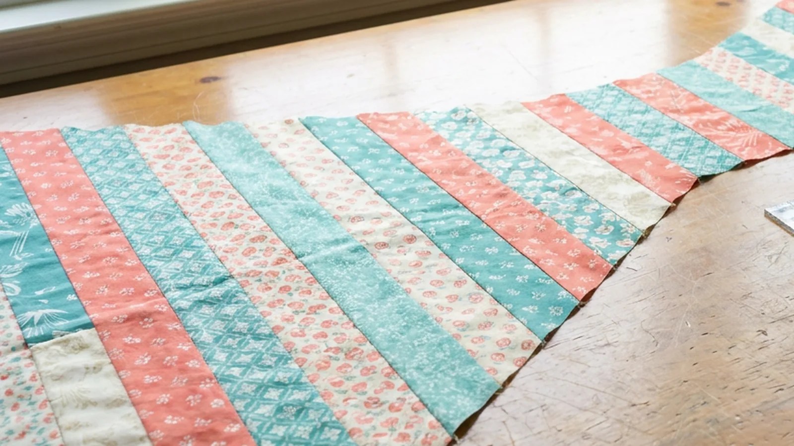Illustrative generated image of cotton print strips sewn into a widening quilt top on a wooden table, with thread spools nearby. Not a photograph of a finished quilt.
