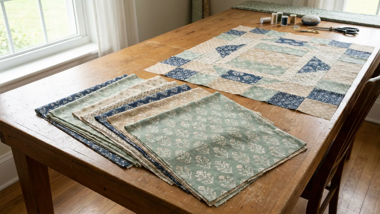 Illustrative generated image of a stack of large floral cotton squares beside a patchwork quilt top in progress on a wooden table.