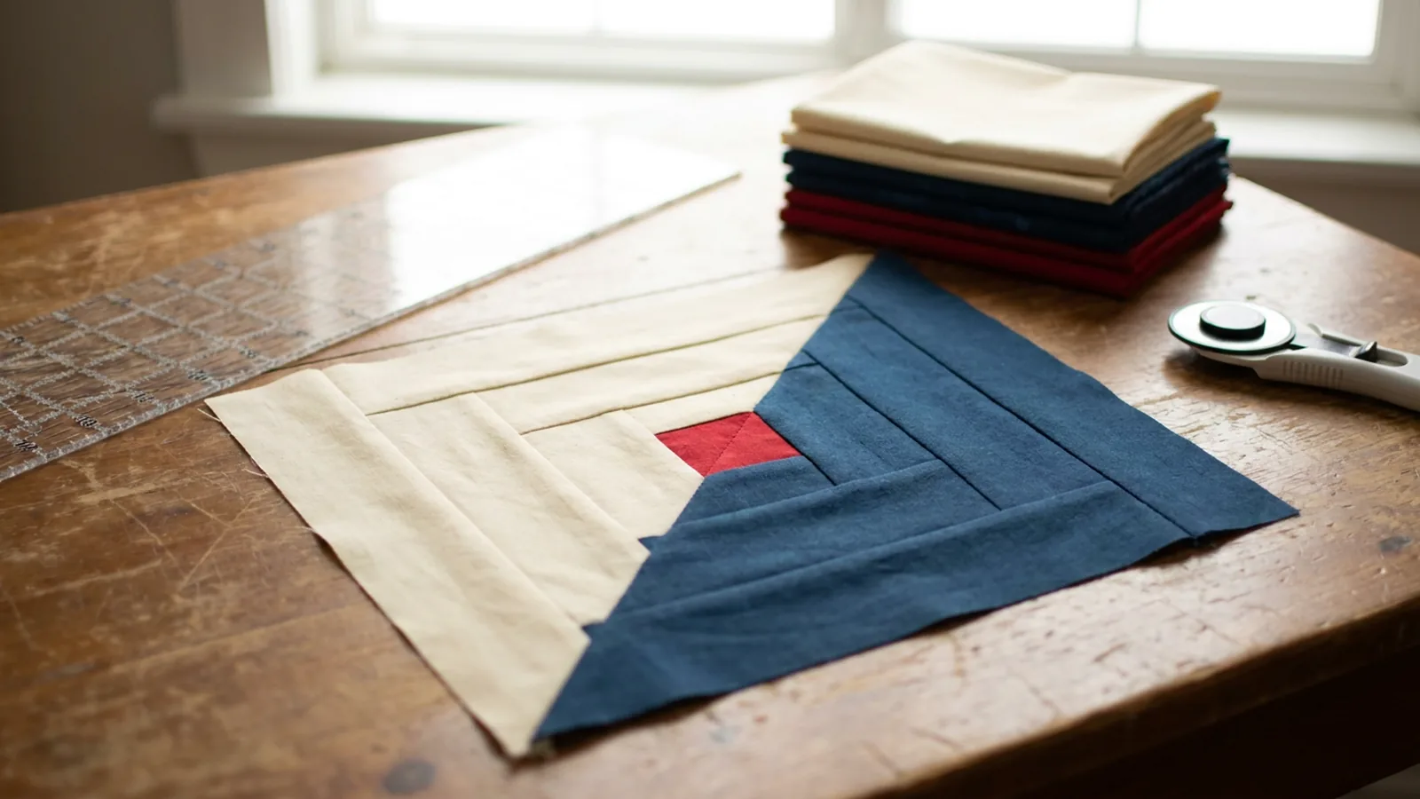 Illustrative generated image of a cream and indigo log cabin quilt block on a wooden table, with a ruler, rotary cutter, and folded cotton.