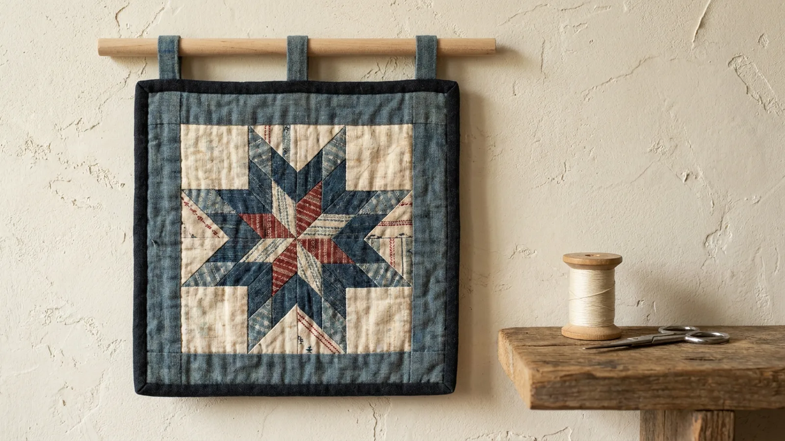 Illustrative generated image of a small star quilt hanging from a wooden dowel by fabric tabs.
