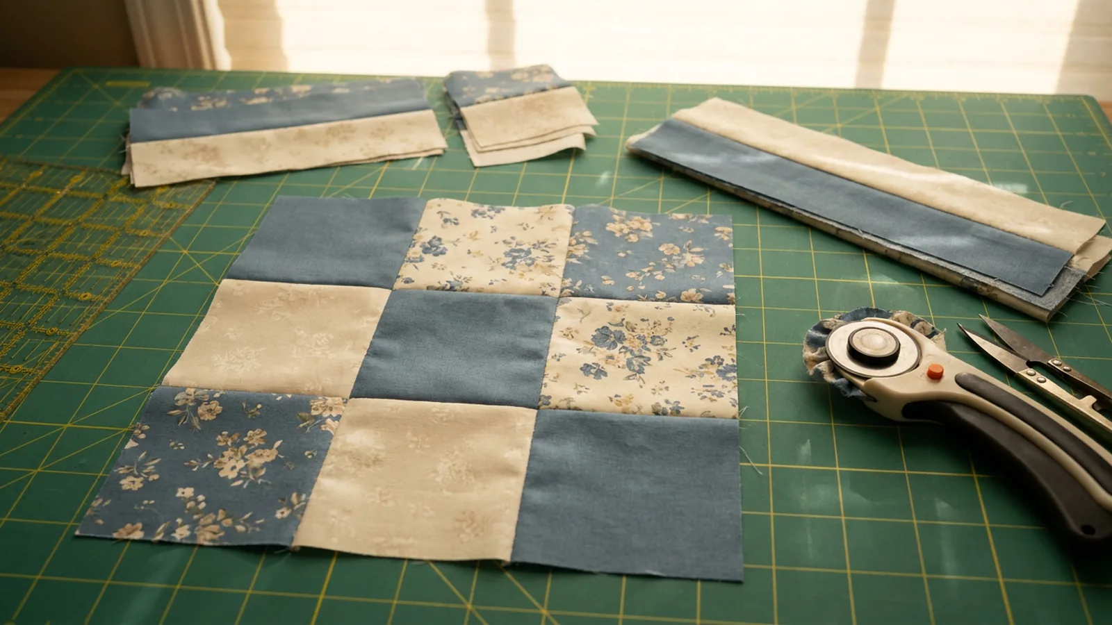 Illustrative generated image of a blue and cream nine-patch block on a green cutting mat, with strip sets and a rotary cutter.