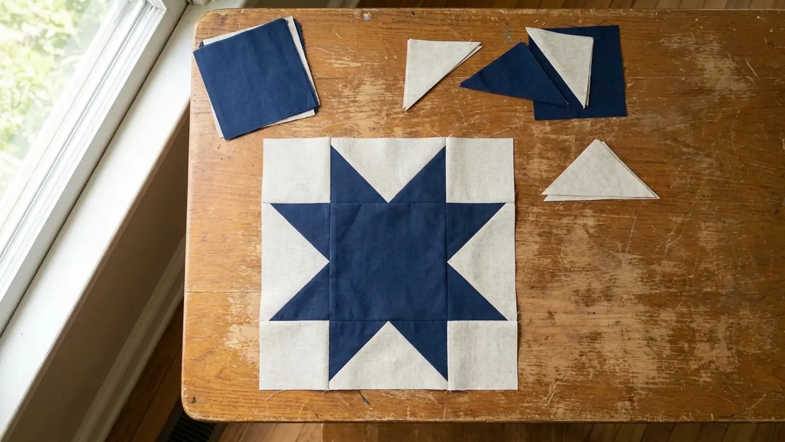 Illustrative generated image of a navy and cream eight-point star block on a wooden table by a window.