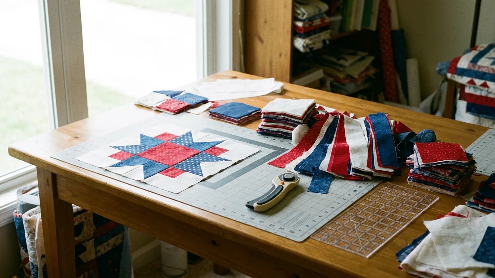Illustrative generated image of a red, white, and blue star quilt block in progress on a cutting mat, with a rotary cutter and folded cotton strips.