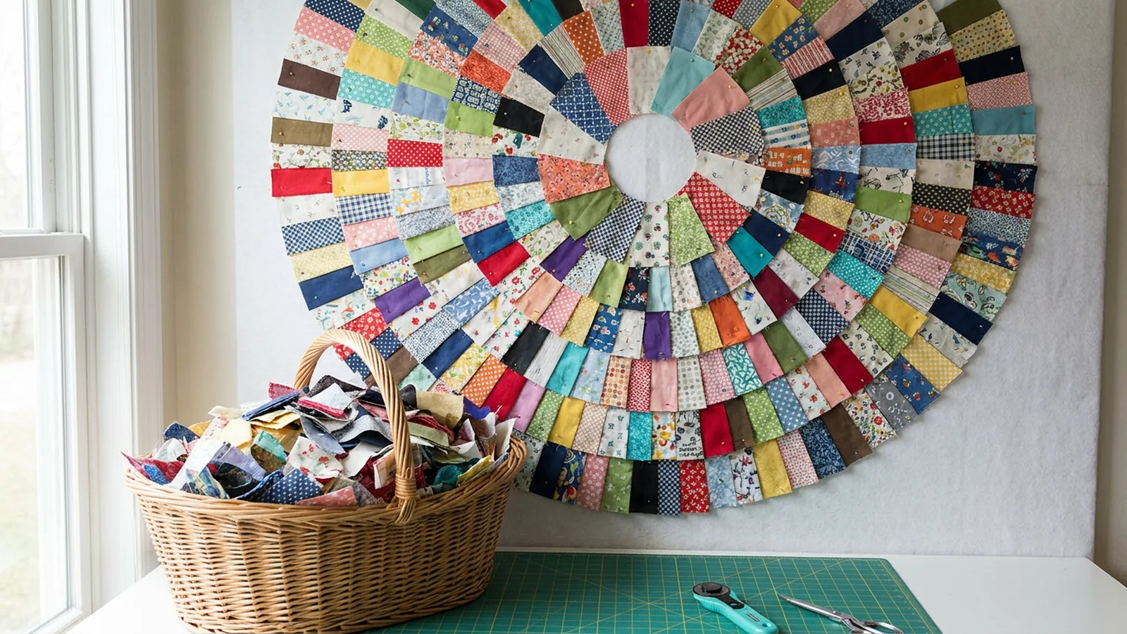 Illustrative generated image of colorful scrap rectangles pinned in rounds beside a basket of fabric scraps.