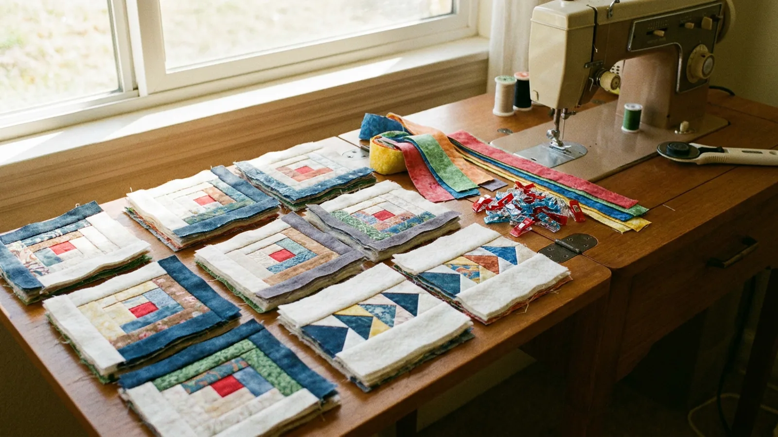 Illustrative generated image of quilted blocks with batting edges, stacked on a sewing table beside fabric strips.
