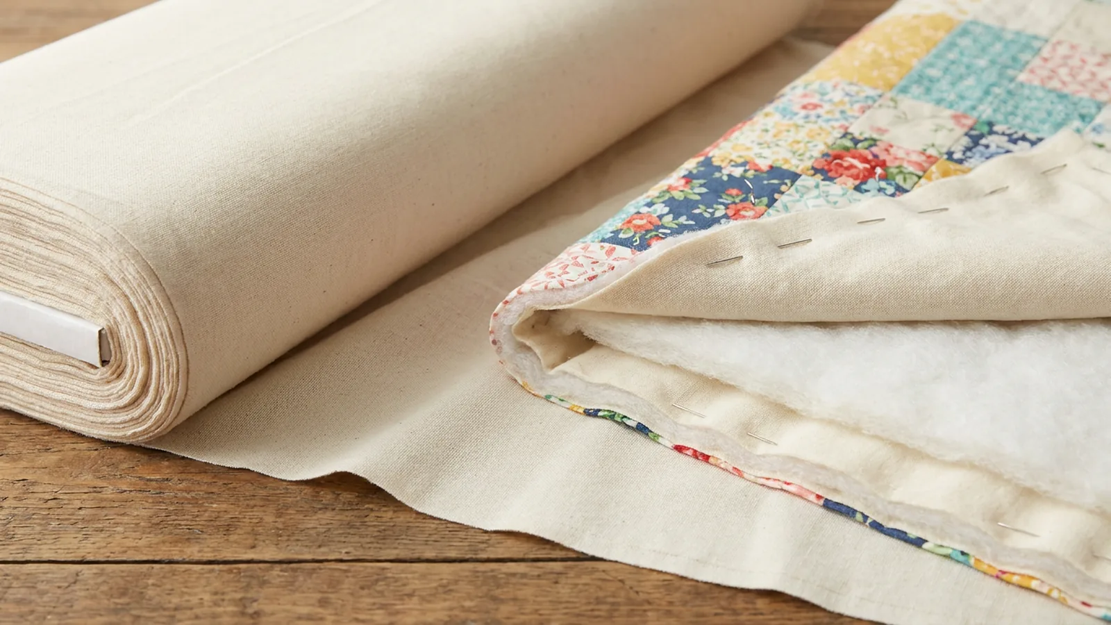 Illustrative generated image of a wide cotton bolt beside a pinned quilt sandwich.