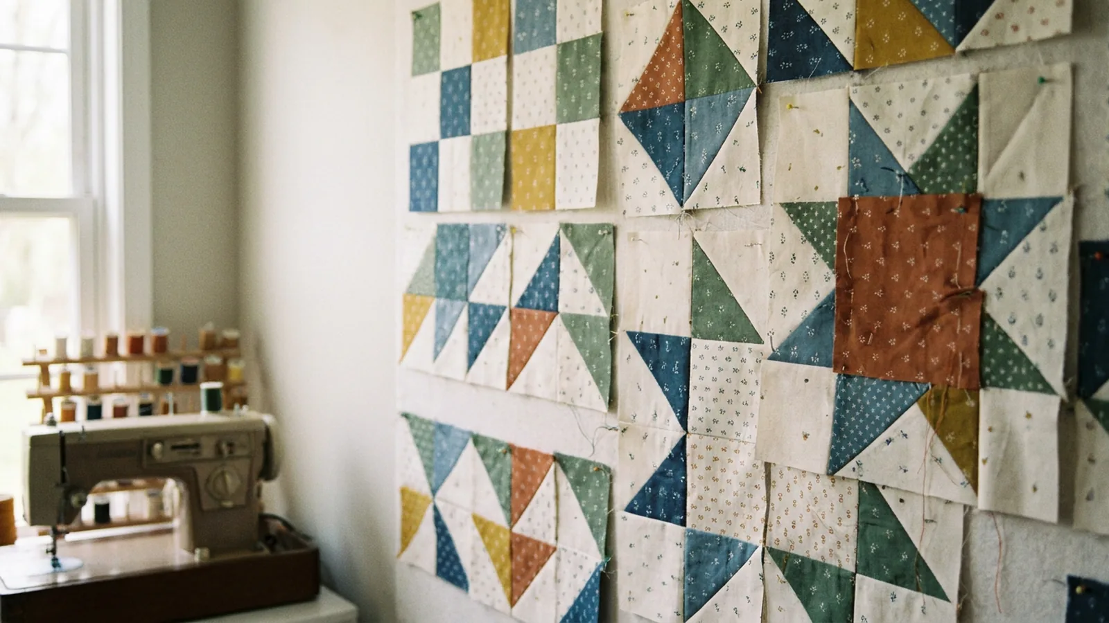 Illustrative generated image of patchwork blocks pinned on a design wall, with a sewing machine and thread spools in soft focus.