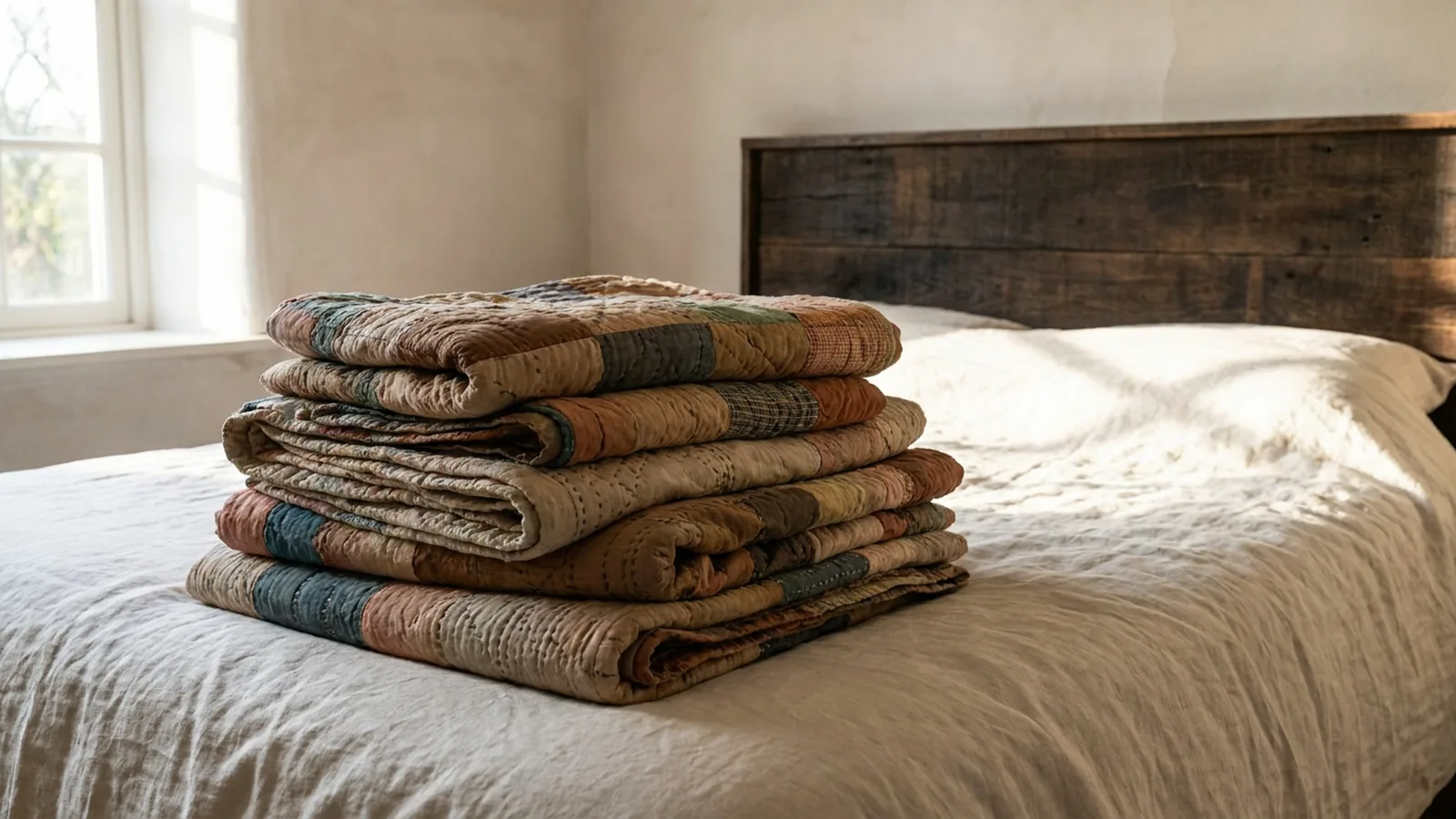 Illustrative generated image of folded quilts in several sizes stacked on a bed.
