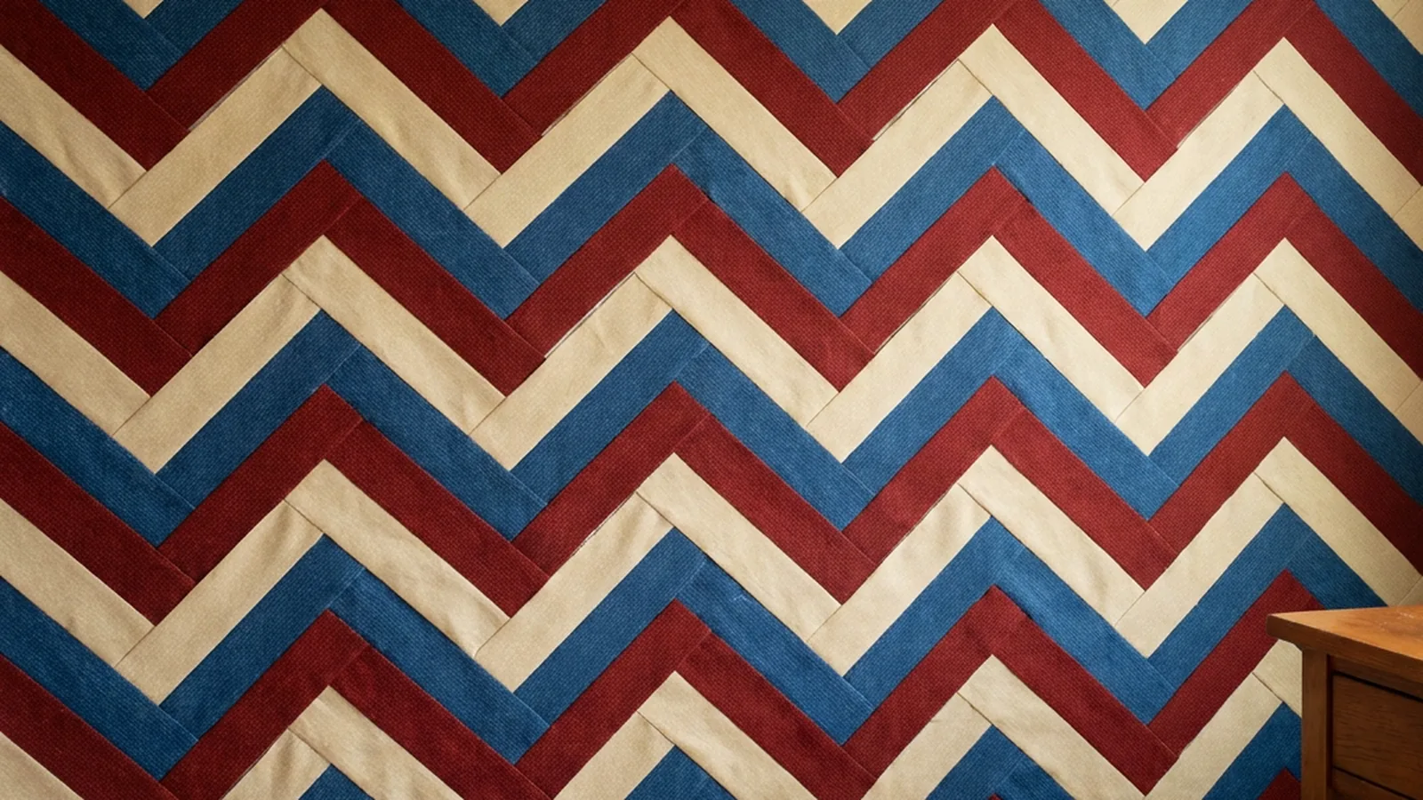 Illustrative generated image of rail fence quilt blocks in indigo, sand, and brick red arranged in a zigzag on a wall. Not a photograph of a finished quilt.