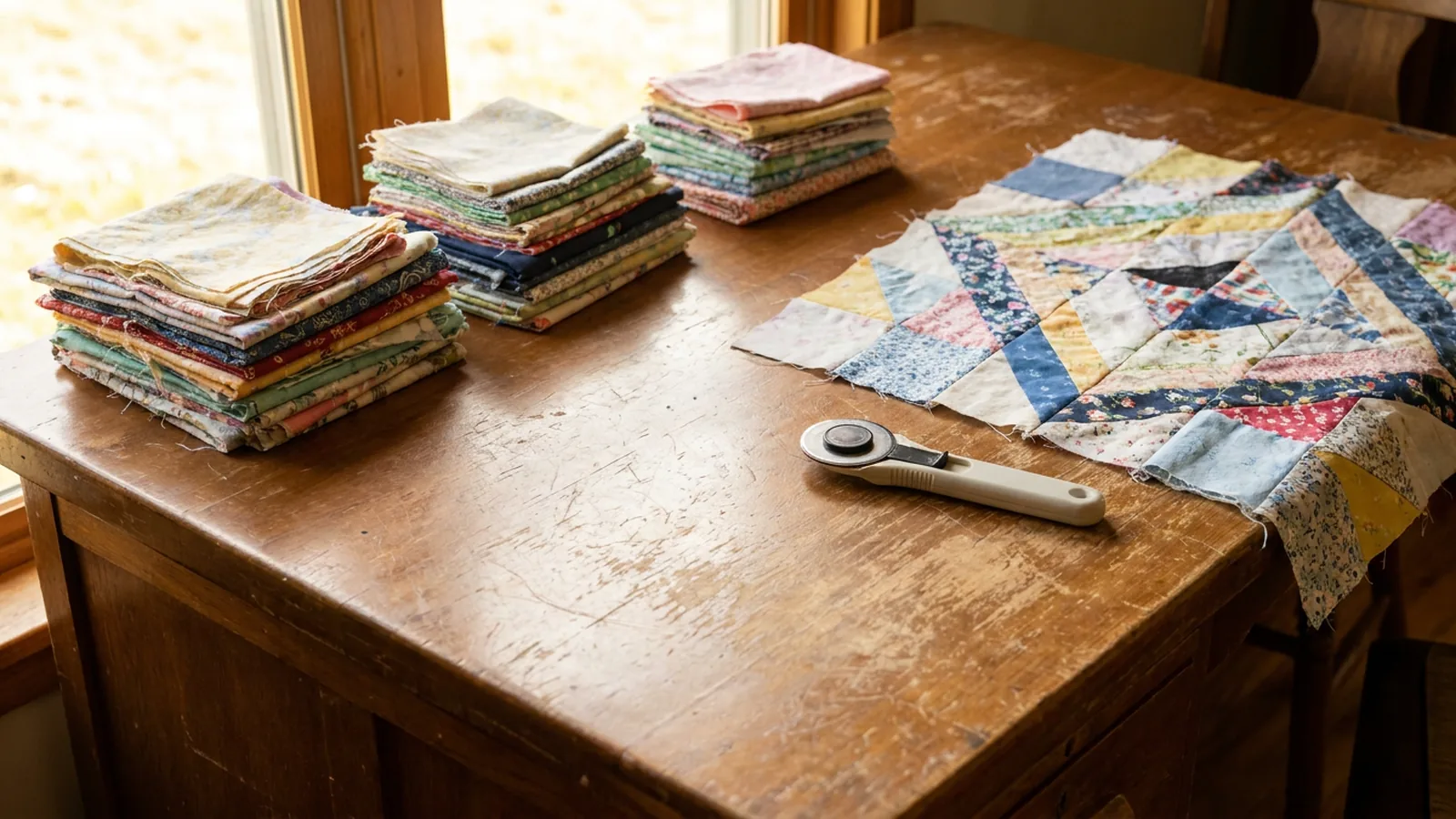 Illustrative generated image of sorted fabric scrap stacks beside a scrappy patchwork top.