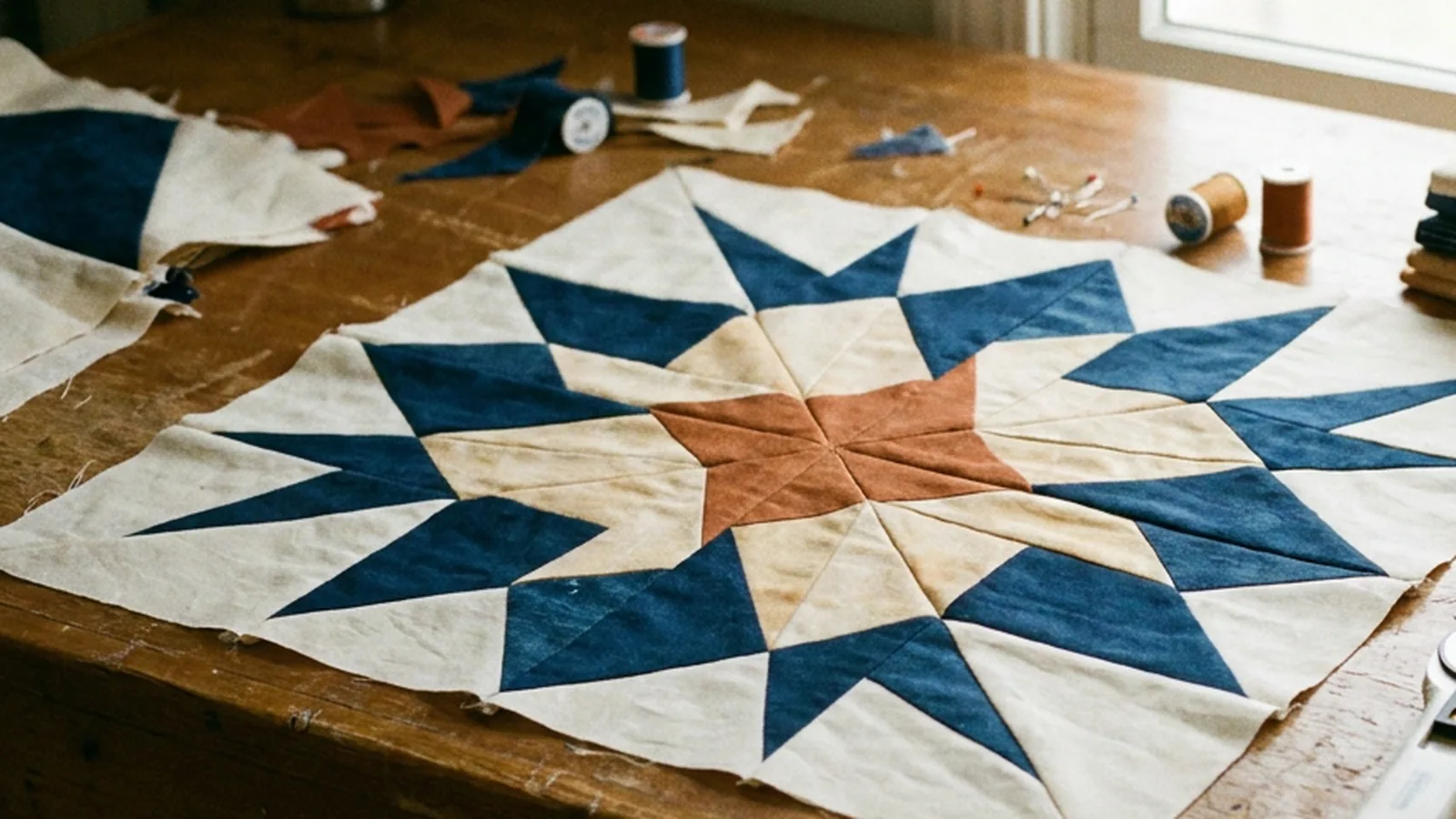 Illustrative generated image of a blue and cream star quilt top in progress on a sewing table with folded fabric.