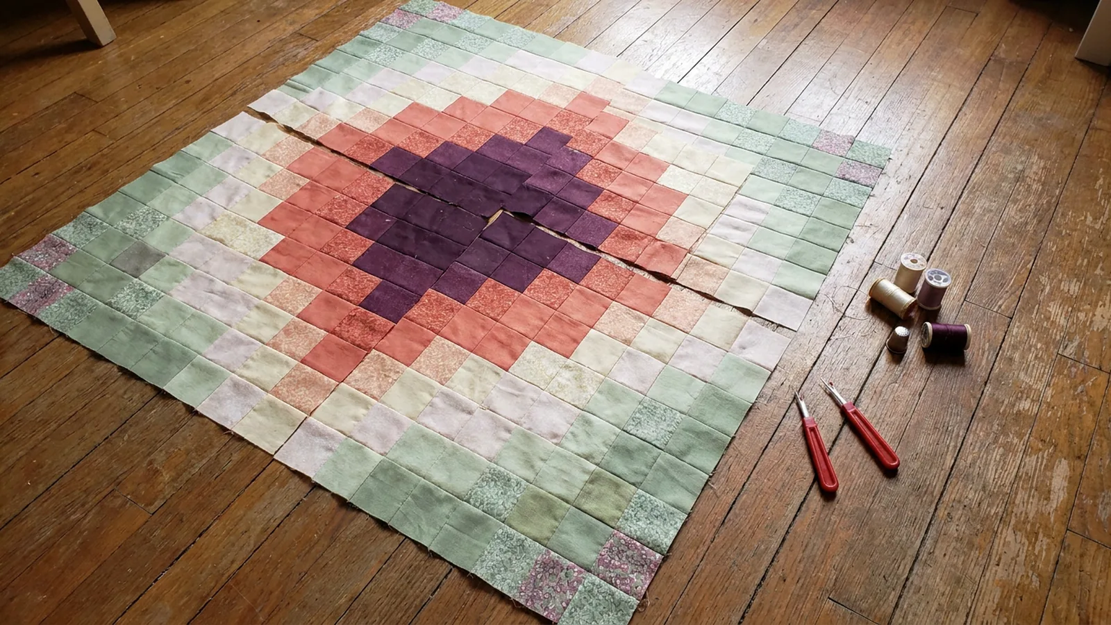 Illustrative generated image of a quilt top of small cotton squares forming concentric diamonds on a wood floor, with thread and seam rippers nearby. Not a photograph of a finished quilt.