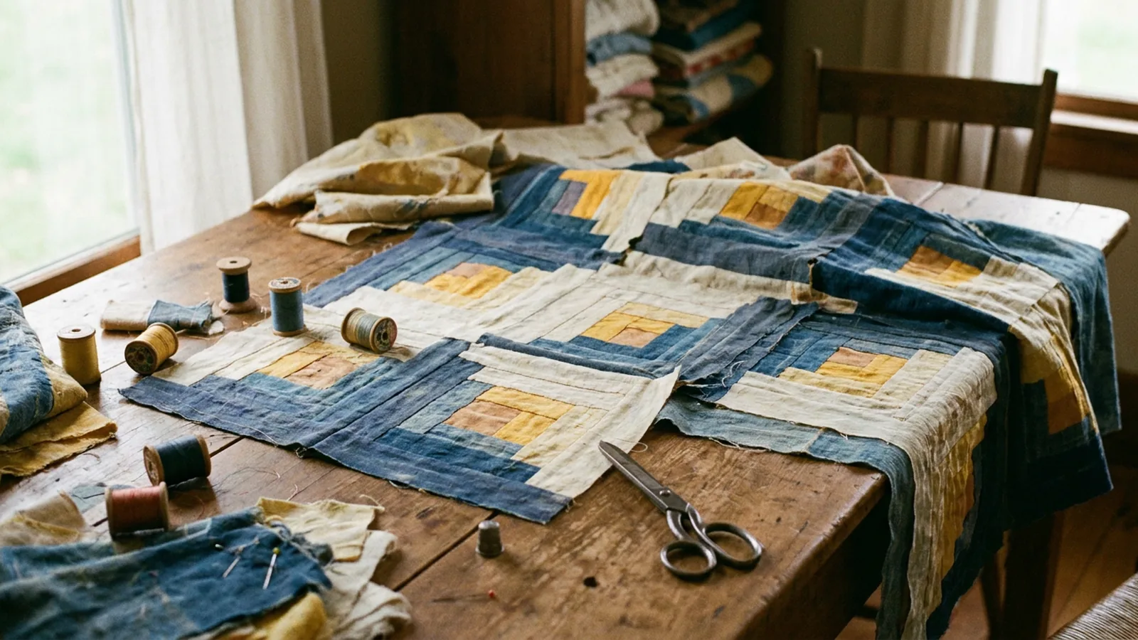 Illustrative generated image of an indigo and cream cabin-style quilt top in progress on a wooden table, with thread spools and scissors.